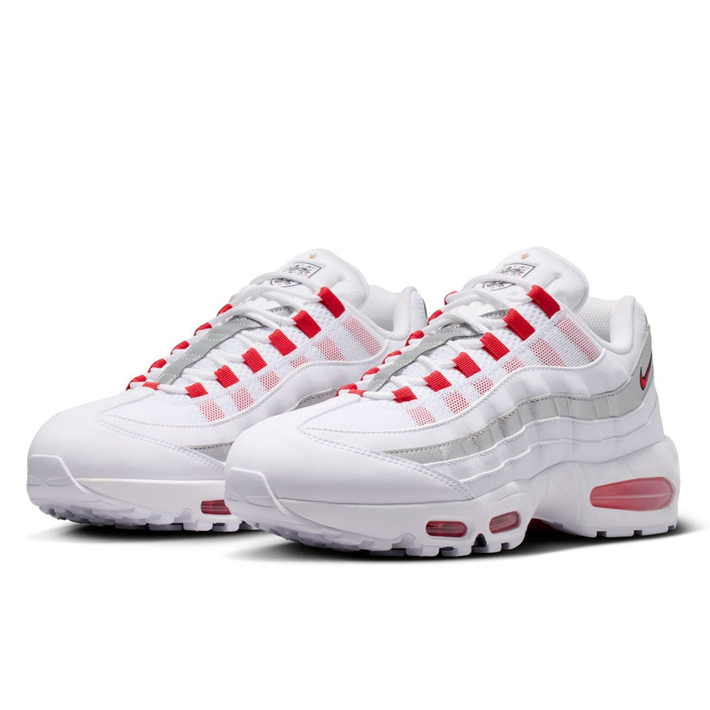 Nike Air Max 95 sneakers pair, white with red-striped lace detailing
