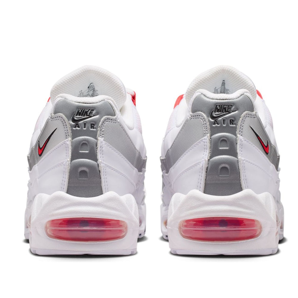 Nike Air Max 95 sneakers heel view, white with red Air window and Nike Air text