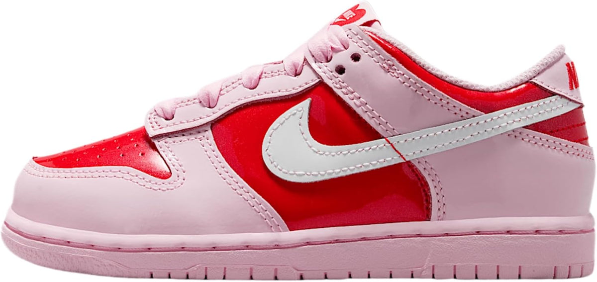 Kids Nike Dunk Low BP sneakers in pink leather with white swoosh and red overlays
