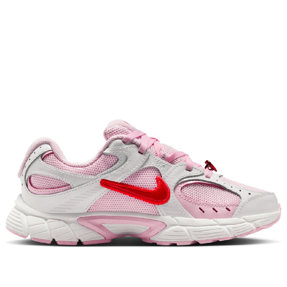 Kids' Nike V5 RNR sneakers with pink laces and mesh panels, white and red swoosh