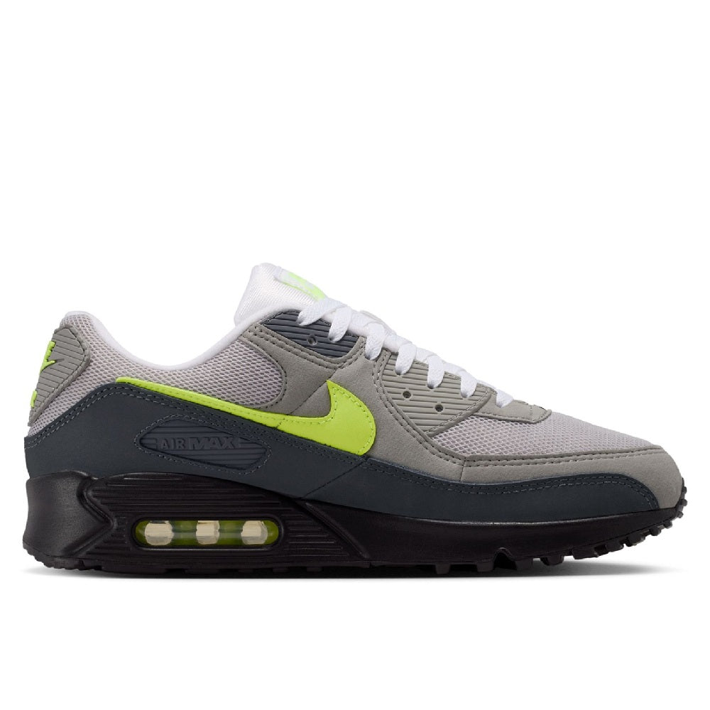 Nike Air Max 90 low-top sneakers in gray, black, neon yellow with Air cushioning
