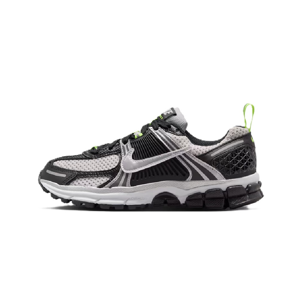 Big kid Nike Vomero 5 sneakers, black/metallic silver with neon green lace tabs