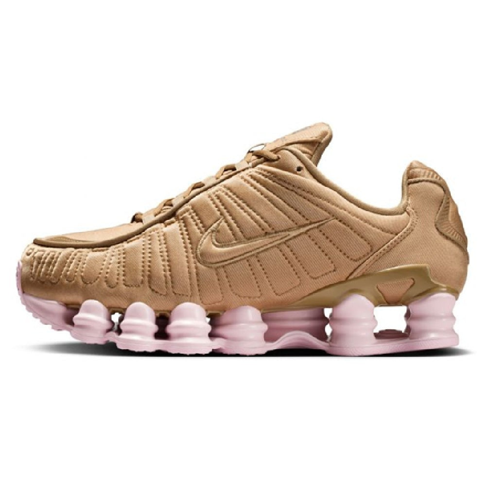 Nike Shox TL womens sneaker in tan with pink foam-like pods