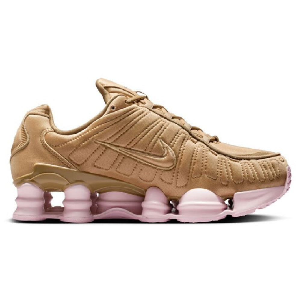 Nike Shox TL womens sneaker, tan upper with pink outsole pods