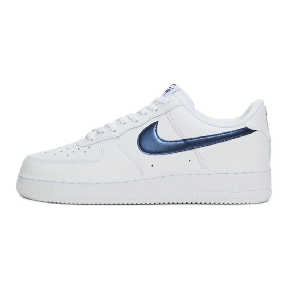 Nike Air Force 1 low-top sneakers with white leather upper and navy swoosh, lace-up