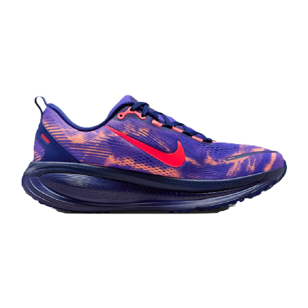 Purple/navy running sneaker with red swoosh and cushioned sole