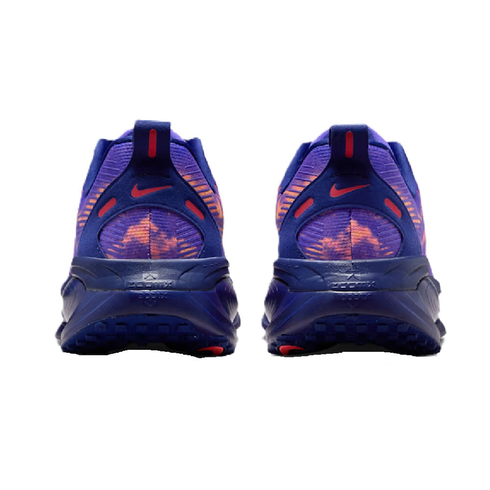 Rear view of purple and navy lace-up running sneakers with red heel tab