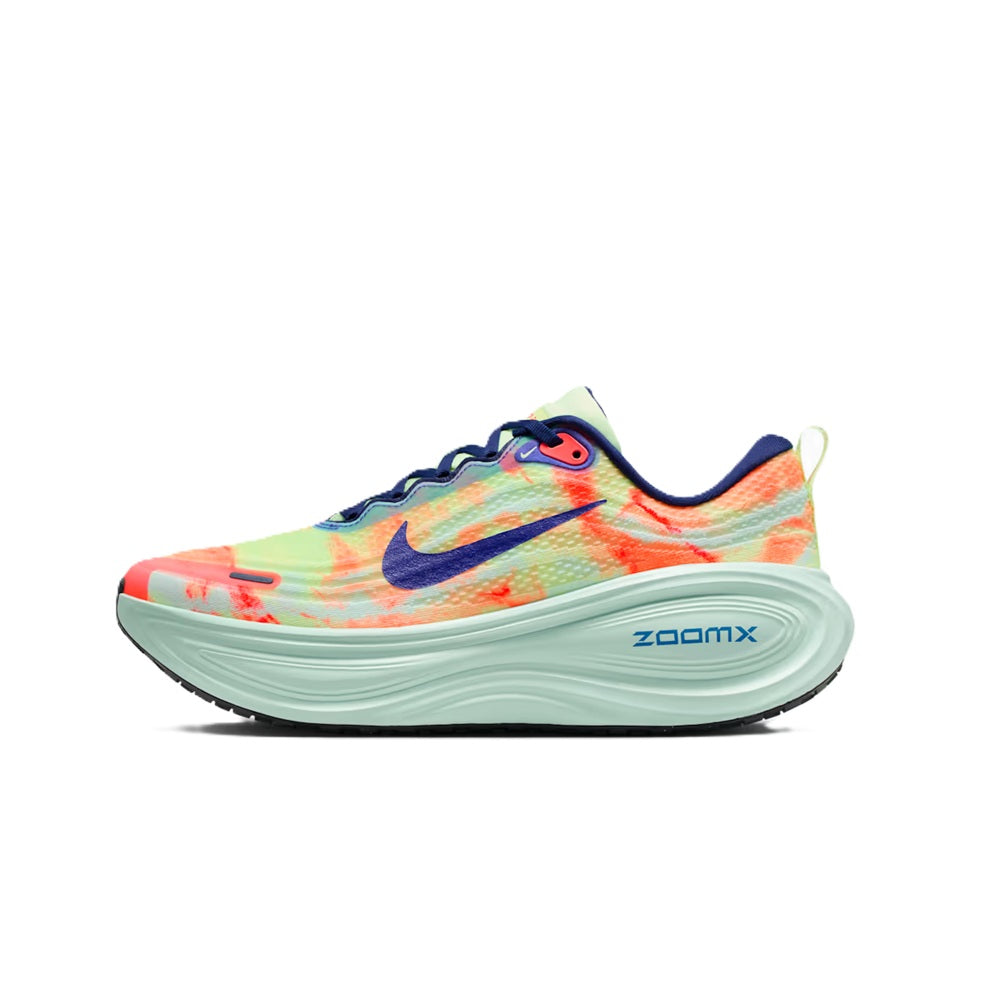 Men's Nike Vomero Plus running shoes side view, bright coral and light green upper
