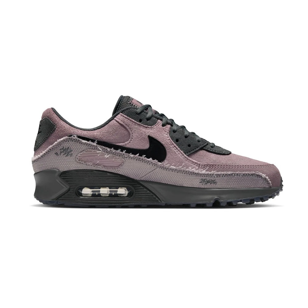 Nike Air Max 90 PRM sneakers, mauve suede upper with black overlays and visible Air window