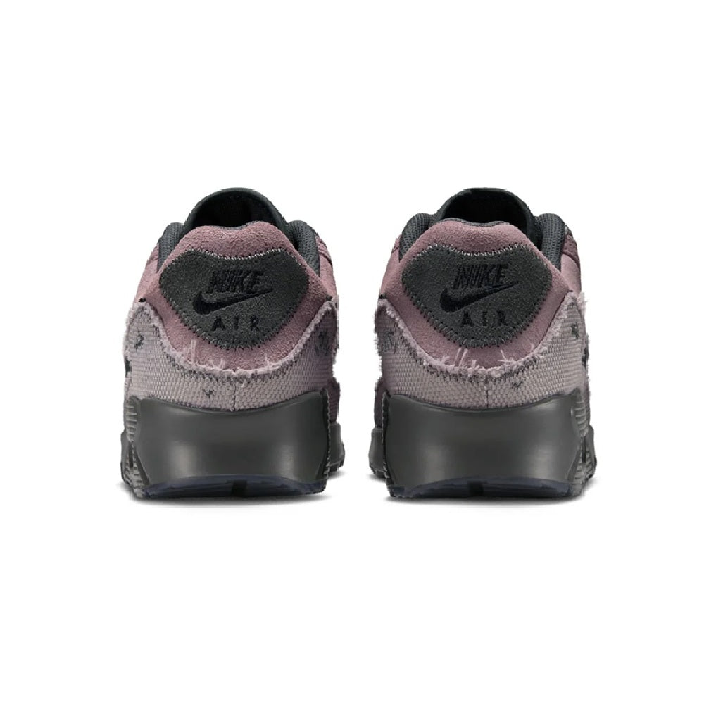Nike Air Max 90 PRM sneakers heel view, mauve and black with Nike Air logo