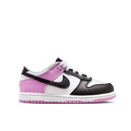 Kids low-top sneakers with white, black, and pink panels, black swoosh, lace-up