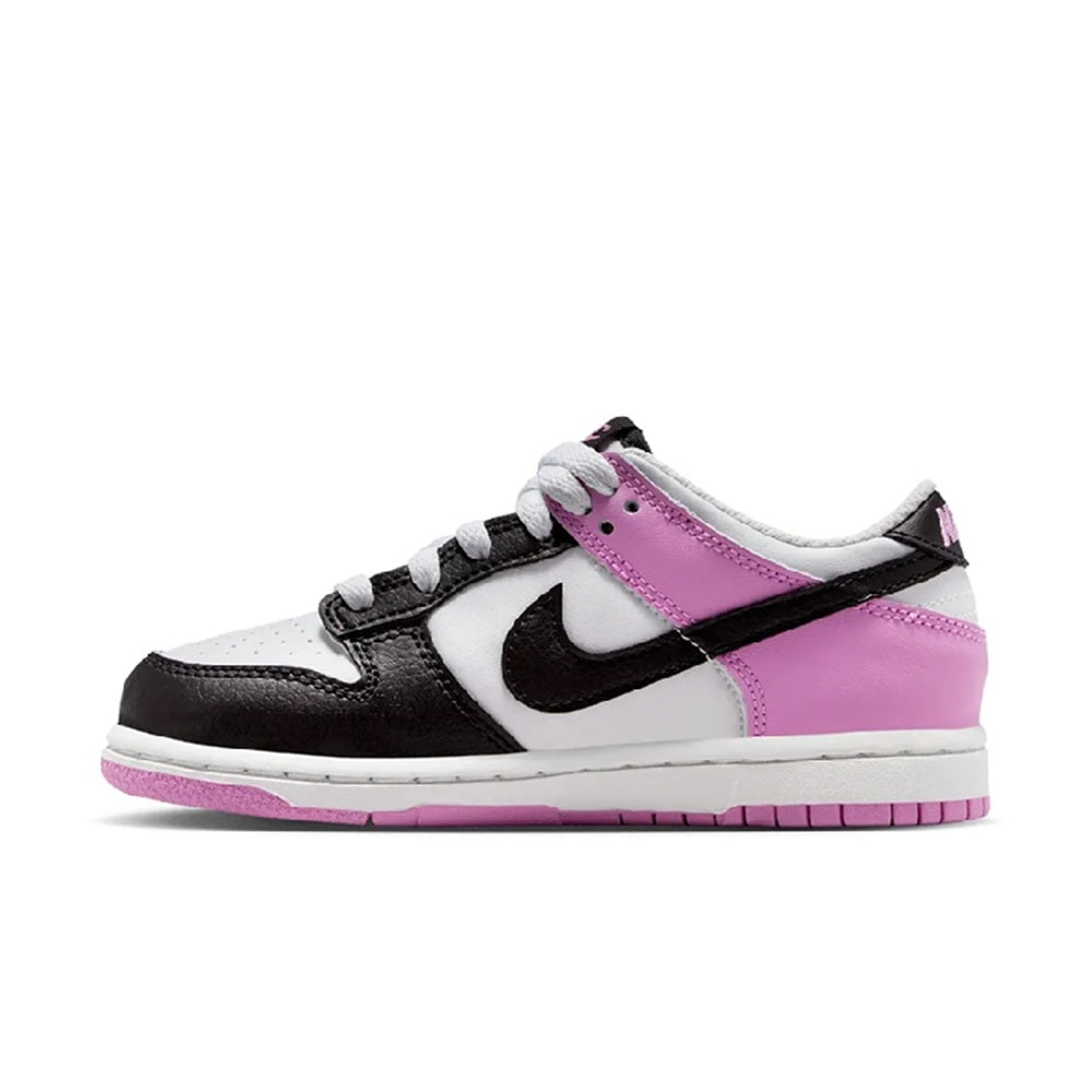 Kids low-top sneaker side view with white upper, pink quarter panel, black swoosh