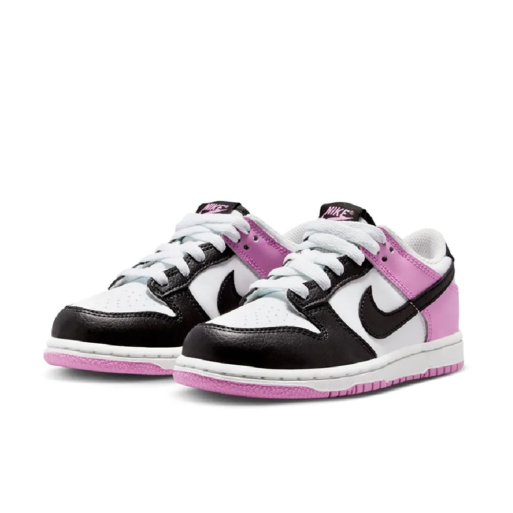 Pair of kids low-top sneakers in white and pink with black accents, lace-up style