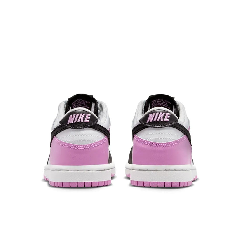 Kids low-top sneakers heel view with purple heel panel and black NIKE branding