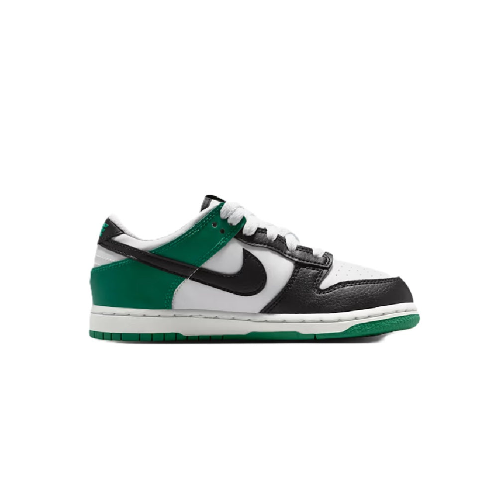 Kids' Nike Dunk Low sneakers with white leather, black overlays, and green accents