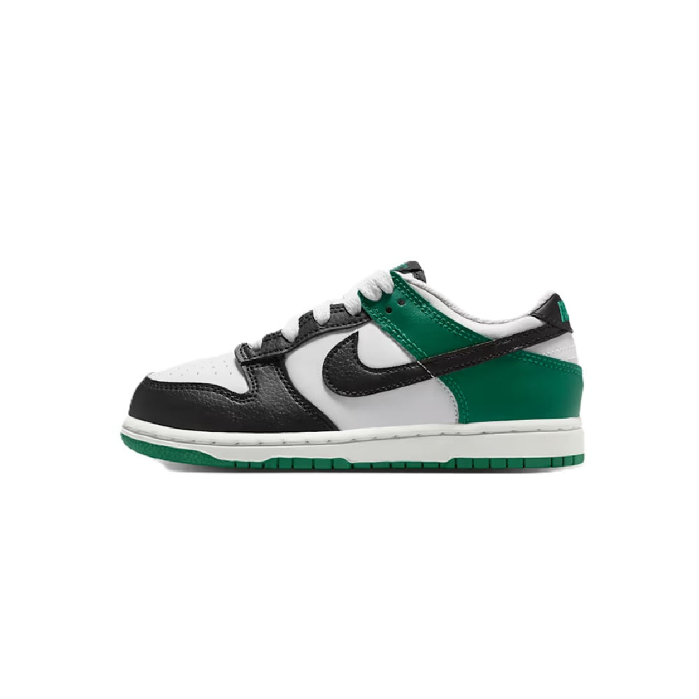 Kids' Nike Dunk Low sneakers with white base, black panels, and green side quarter