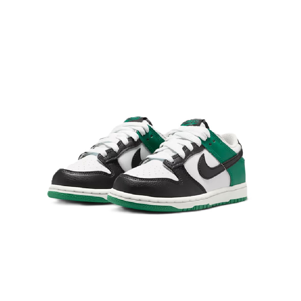 Kids' Nike Dunk Low sneakers with white laces, black toe panels, and green heel