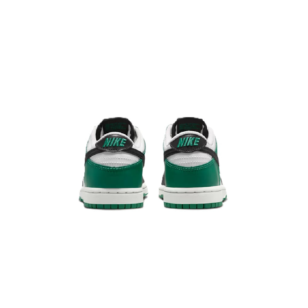 Kids' Nike Dunk Low sneakers with white uppers, green heel, black collar, Nike logo