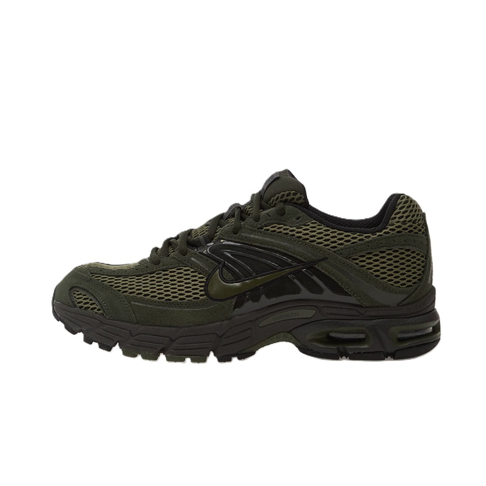 Men's Nike Air Max sneaker, side view, olive knit upper with black accents and sole
