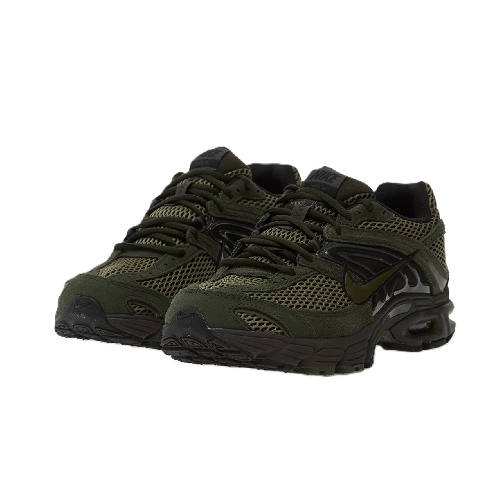 Men's Nike Air Max sneaker angled view, olive laces with black heel and side panel