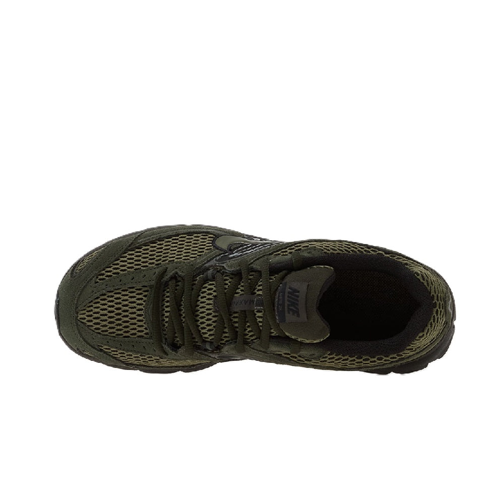 Men's Nike Air Max sneaker toe view, olive mesh with black eyestays and lace detail