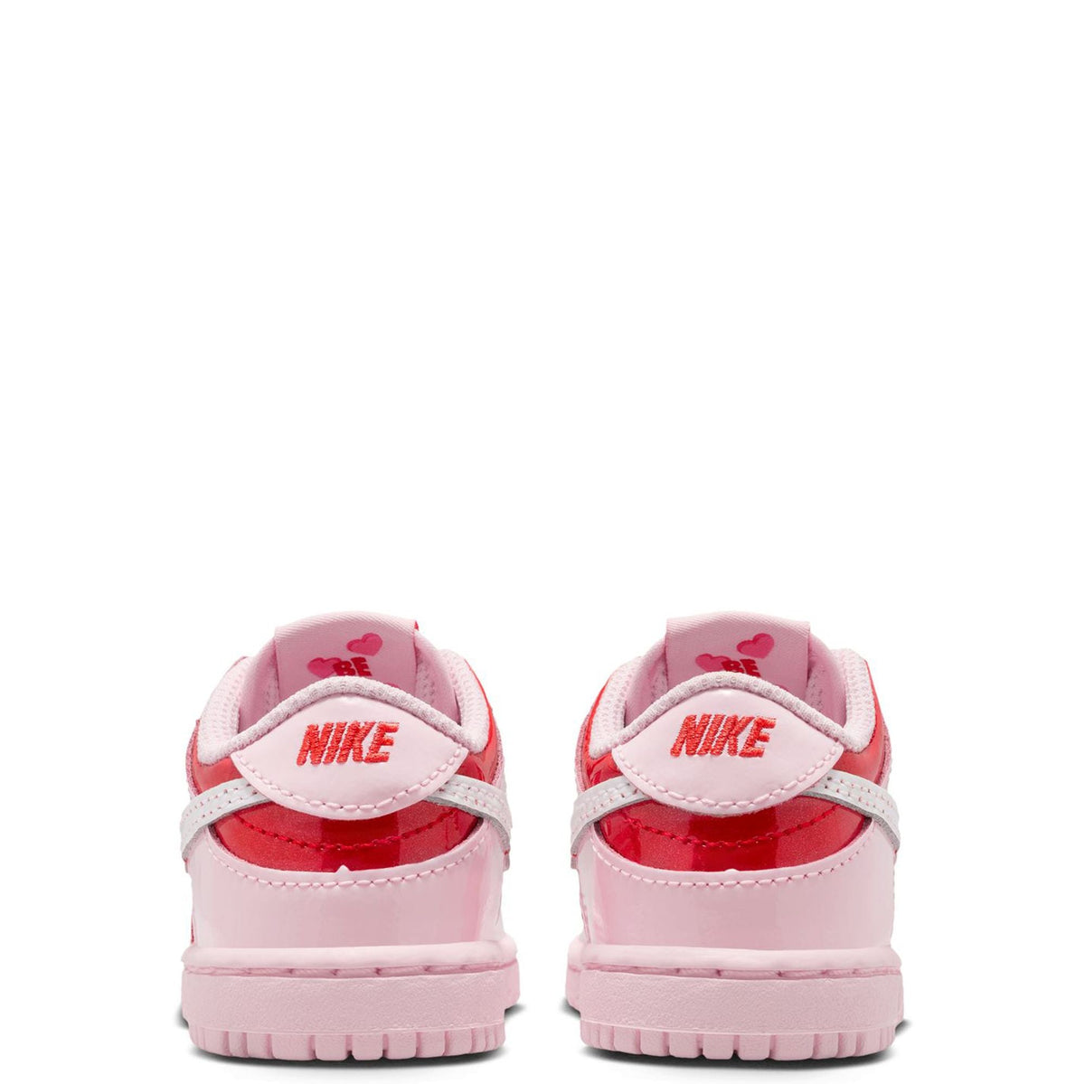 Toddler Nike Dunk Low sneakers, rear view with pink heels and NIKE logo