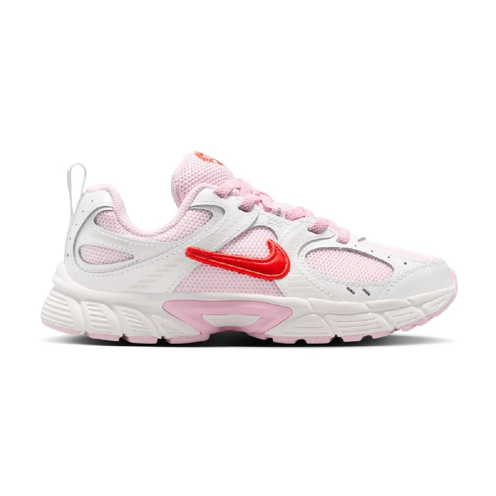 Kids running sneakers, white with pink accents and red swoosh, lace-up
