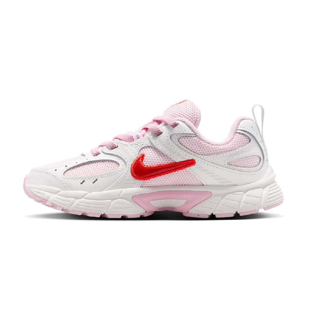 Kids running sneakers, side view, white upper with pink laces and red swoosh