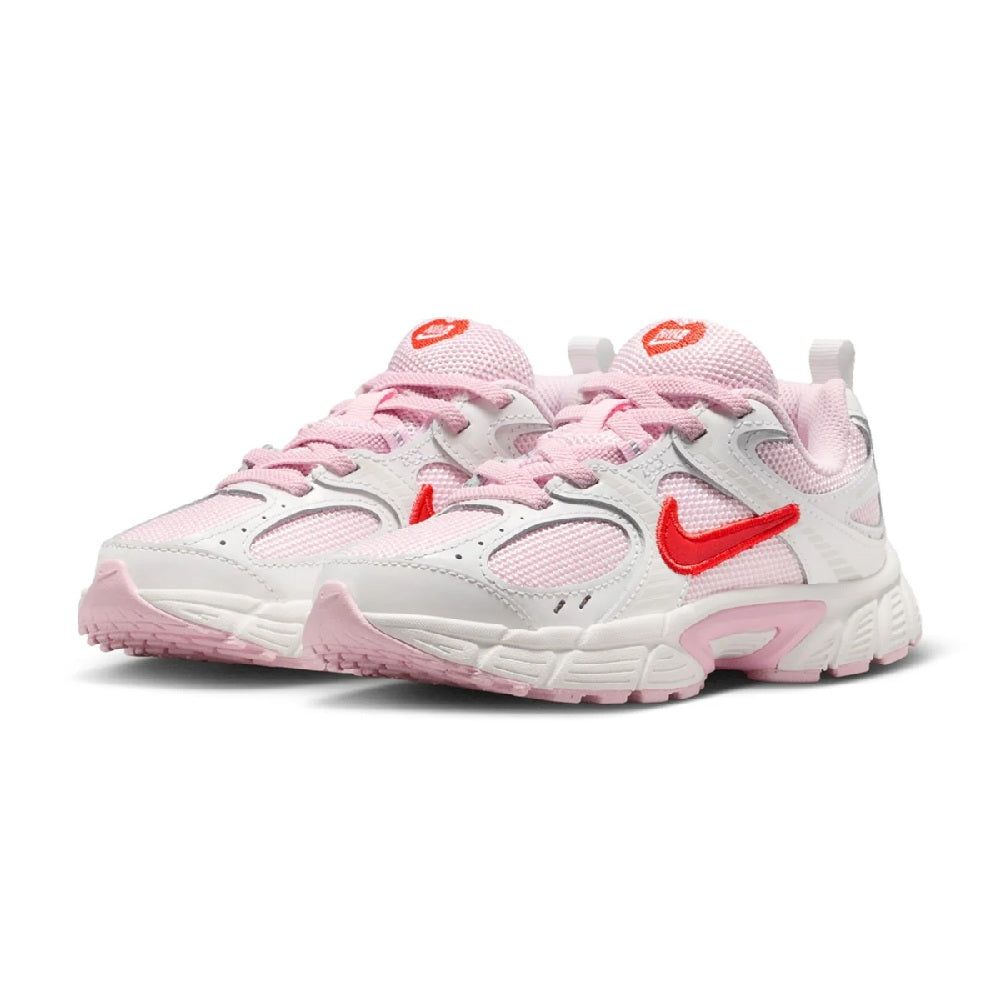 Kids running sneakers, angled view, white mesh with pink trim and red logo