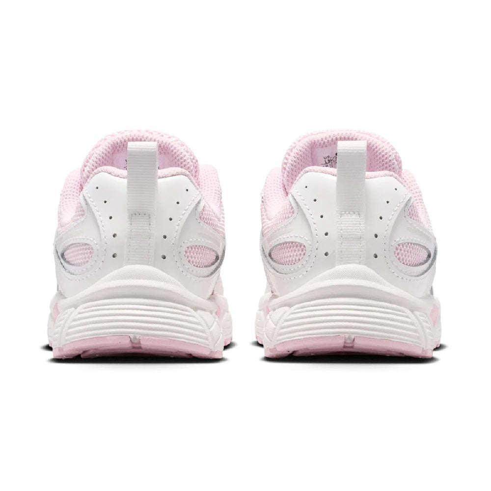 Kids running sneakers, back view, white with pink heel collar and lace loops