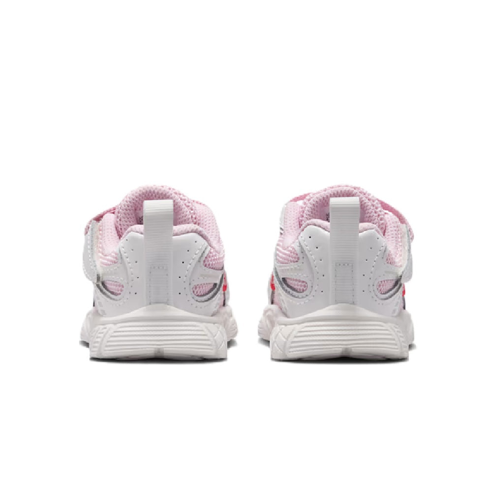 Kids' Nike running shoes, back view, white heel with pink collar and pull tab