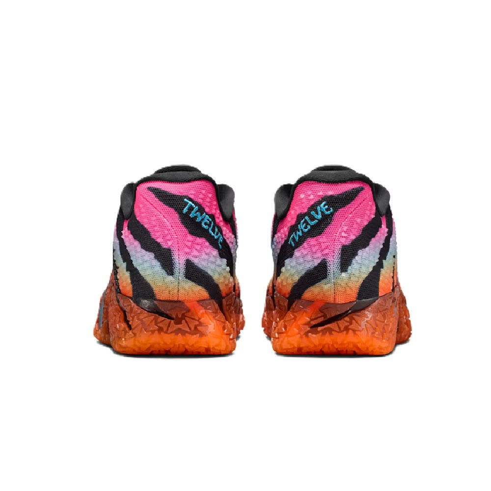 Heel back view of low-top sneakers with pink heel panel, black tabs, and orange sole