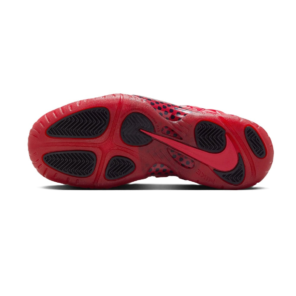 Red Nike high-top sneakers, outsole tread with circular traction pods