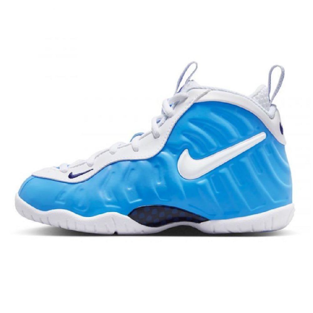 Kids' blue/white high-top sneakers with Nike swoosh and lace-up design