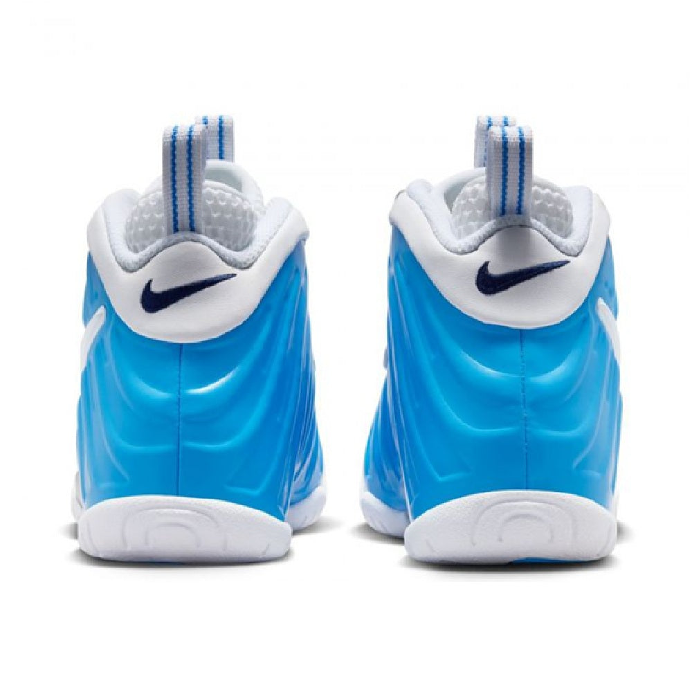 Kids' blue/white high-top sneakers with heel tabs and Nike swoosh detail