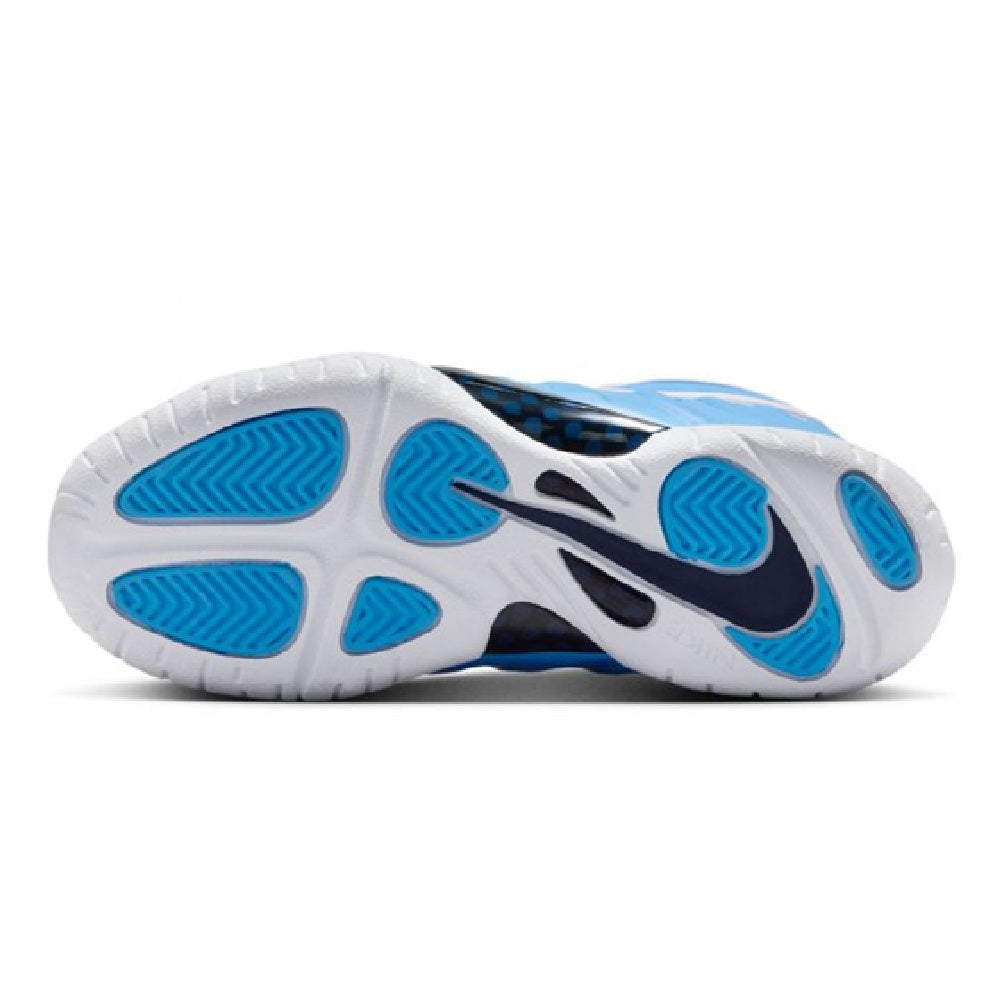 Kids' sneaker outsole with blue traction pods and white rubber tread