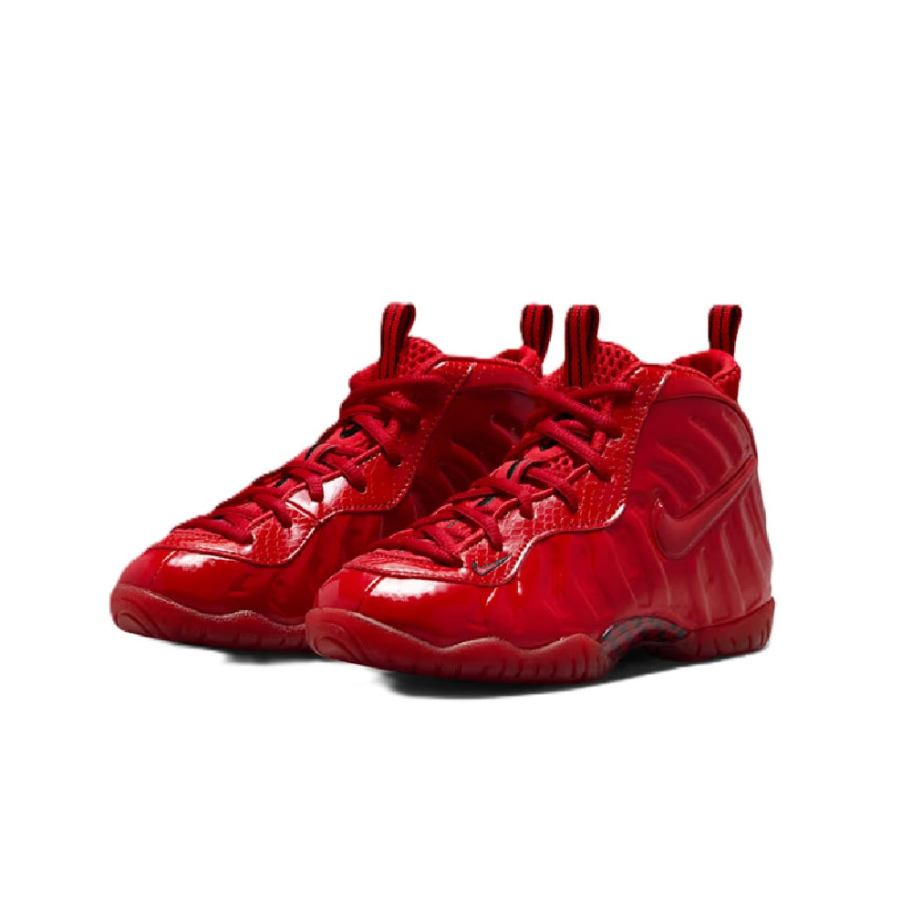 Kids' Nike high-top sneakers, red pair view with lace-up front and glossy panels