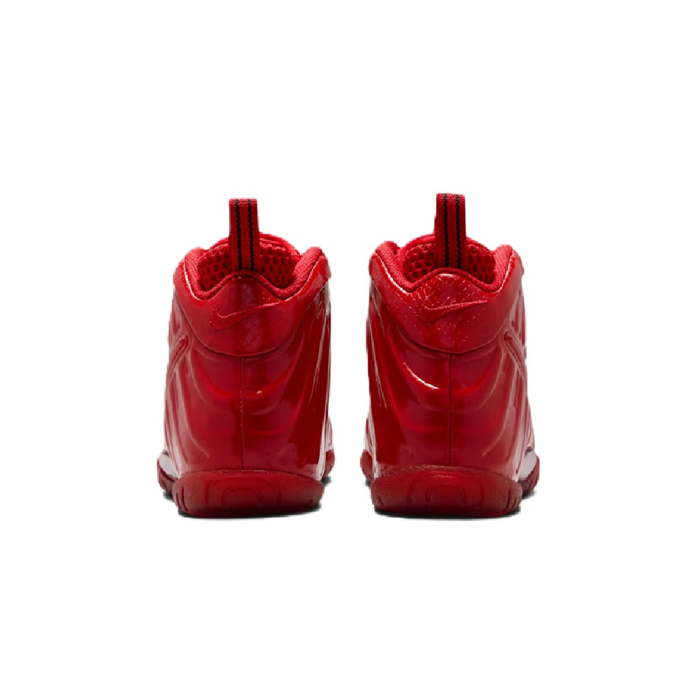Kids' Nike high-top sneakers, red back view with padded heel and pull tab