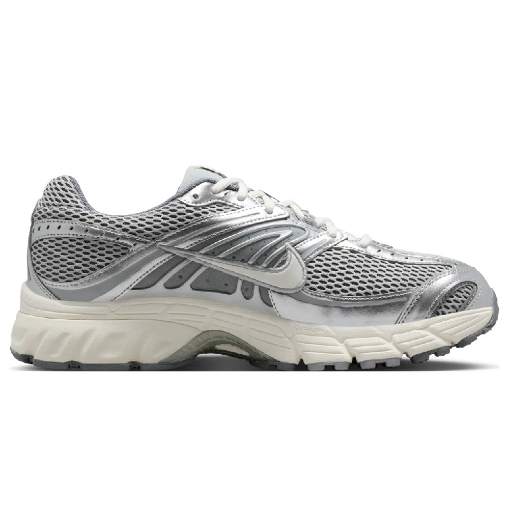 Nike Air Max Moto 2K lace-up sneakers, grey metallic overlays, mesh upper, cream midsole