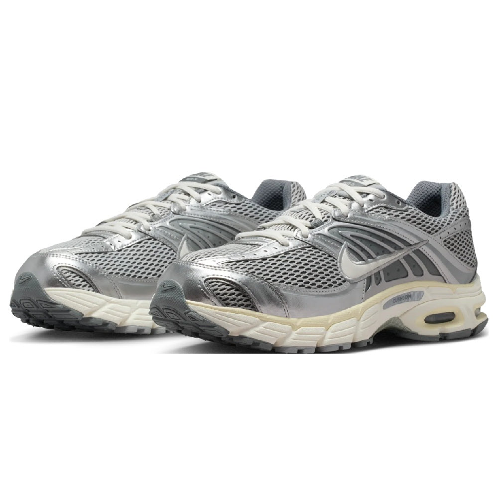 Nike Air Max Moto 2K sneakers, metallic grey mesh upper, lace-up with cream midsole