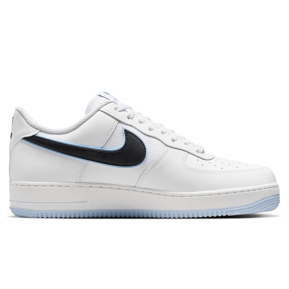 Men's Nike Air Force 1 low-top sneakers, white with black swoosh and light blue sole