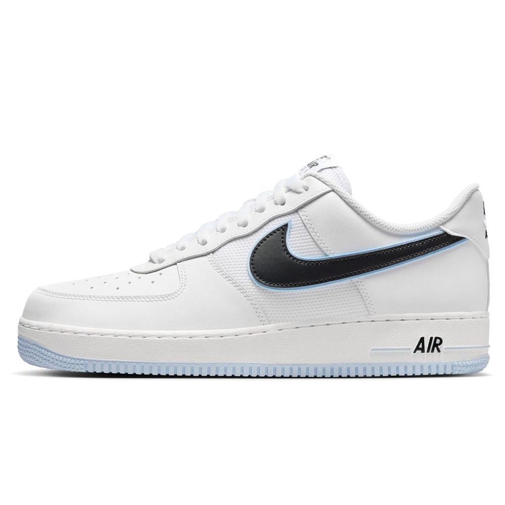 Nike Air Force 1 low-top sneakers, white upper with black swoosh and light blue sole