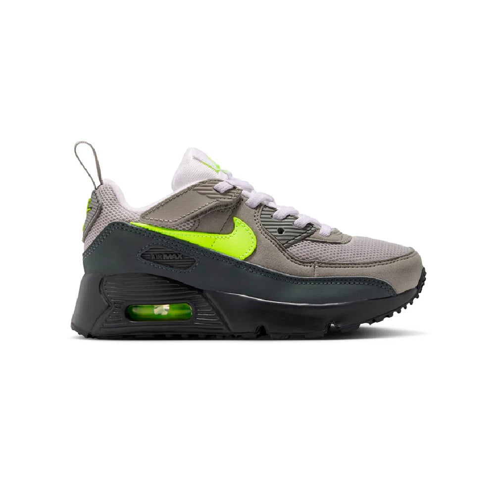 Kids' Nike Air Max 90 sneakers, gray with neon yellow and dark outsole