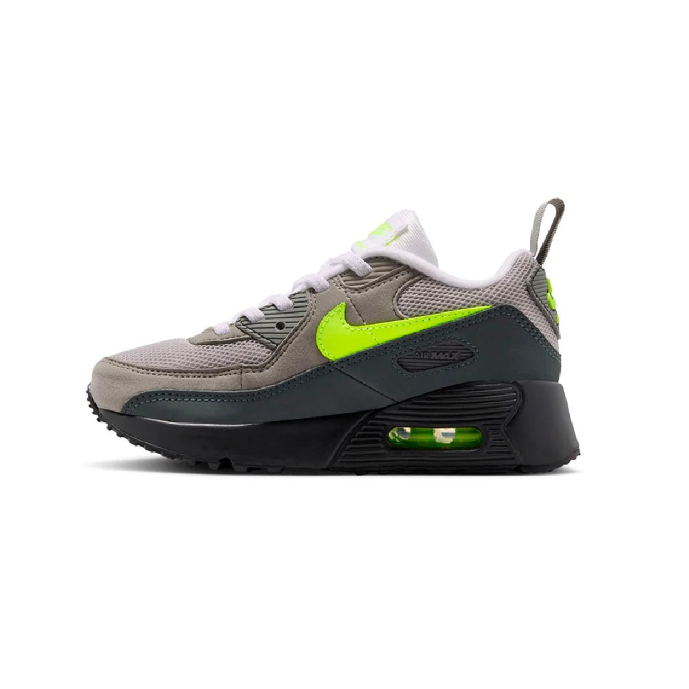 Kids' Nike Air Max 90 sneakers, gray mesh with neon yellow swoosh and black midsole