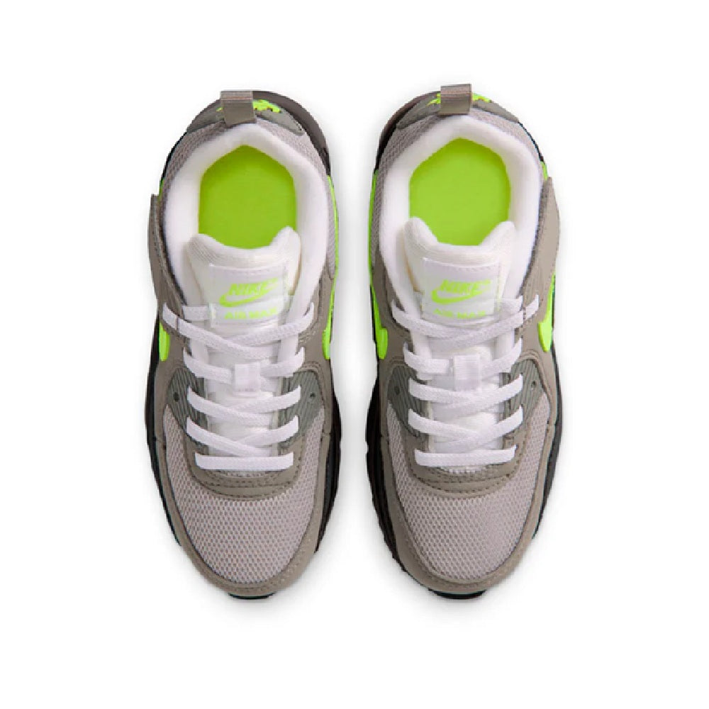 Kids' Nike Air Max 90 sneakers, gray uppers with white laces and neon green lining