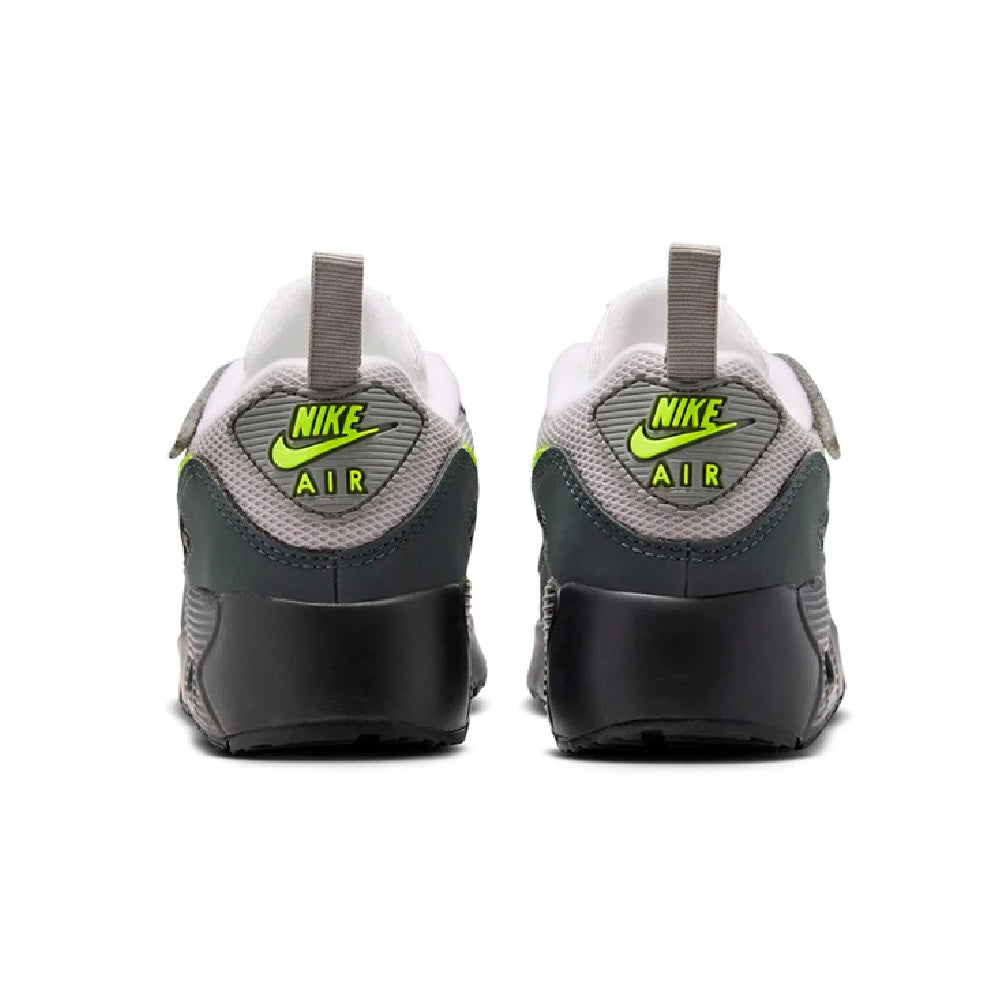 Kids' Nike Air Max 90 sneakers, rear view with neon Nike Air logo and dark heel