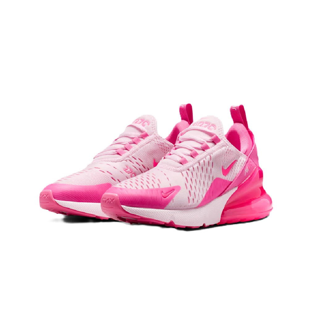 Kids' pink Air Max 270 sneakers, knit-like mesh upper with lace-up front and cushioned sole