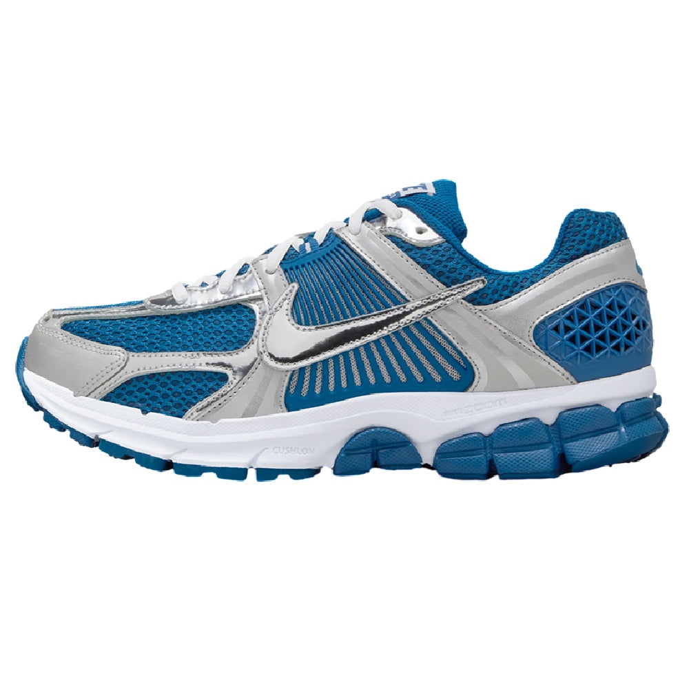 Men's Nike running sneaker in blue and metallic silver with lace-up design