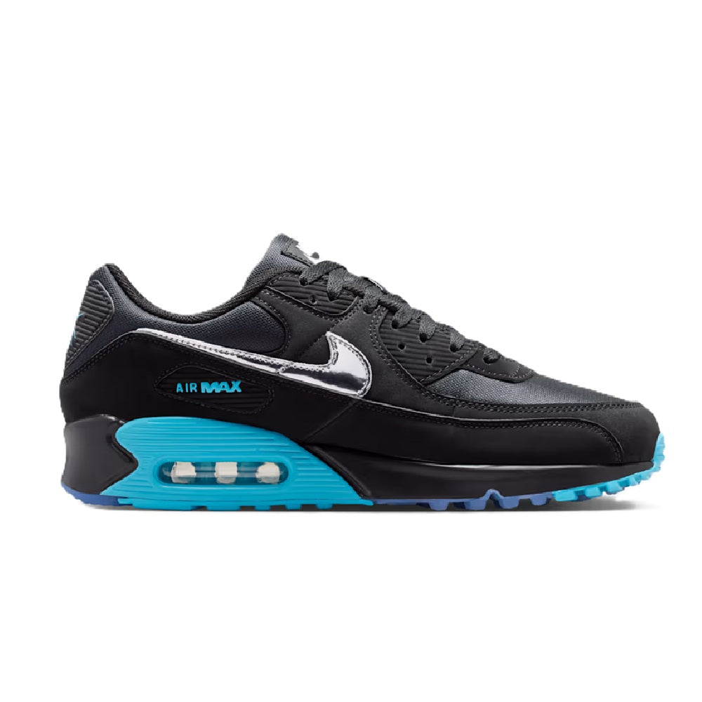 Black Nike Air Max 90 PRM sneaker with blue air unit and swoosh detail