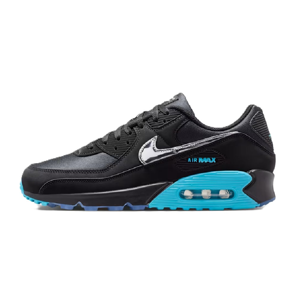 Black Air Max 90 PRM sneaker with chrome-like swoosh and blue visible air